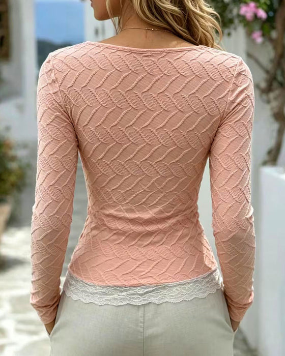 Top Vierkante Hals Kant Patchwork Lange Mouw Getailleerd