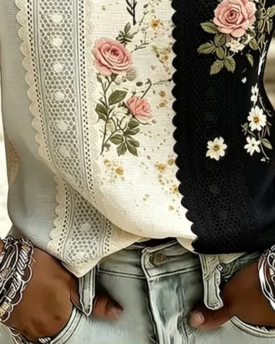Blouse Contrast Kant Roos Afdruk