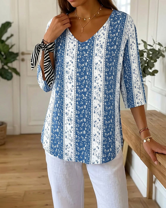 T-Shirts V-Hals Driekwart Mouw Print Casual