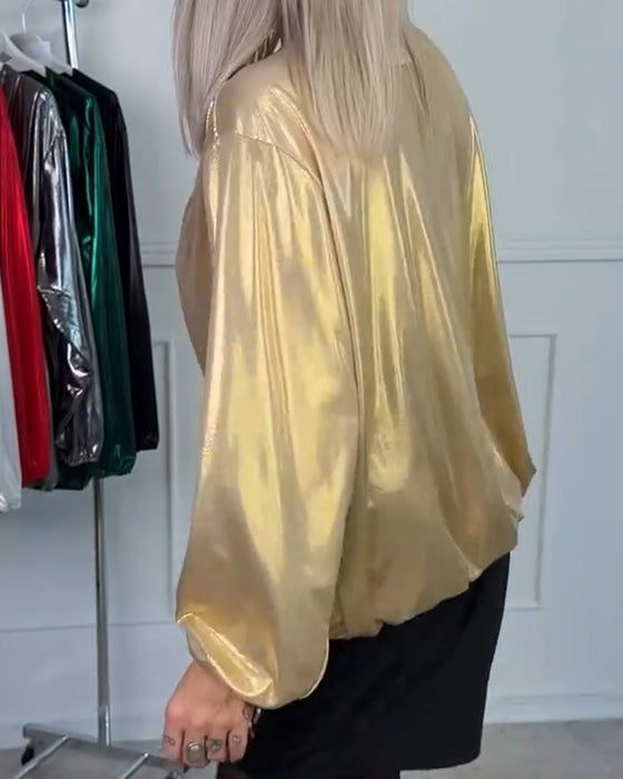 Wijde Top Met V-Hals En Lange Mouwen