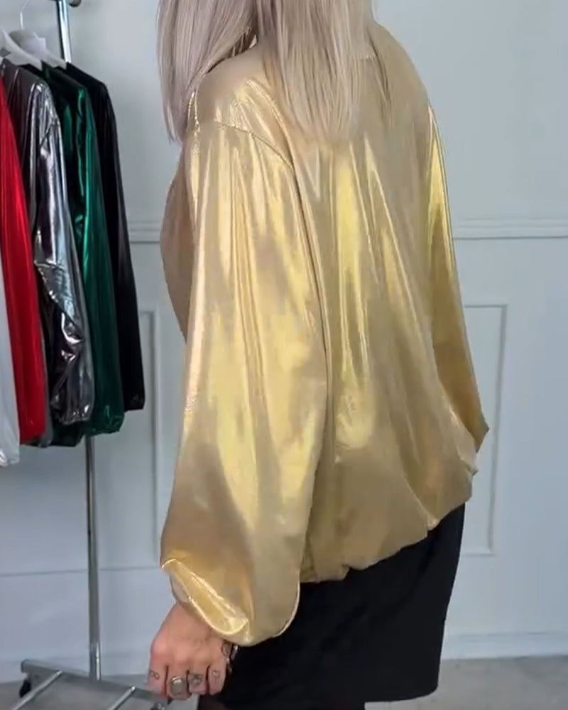 Wijde Top Met V-Hals En Lange Mouwen