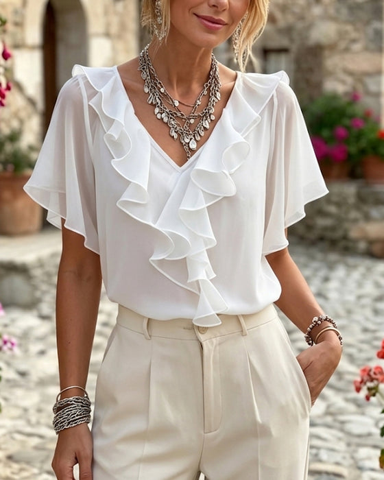 Blouse V-Hals Gerafeld Effen Kleur