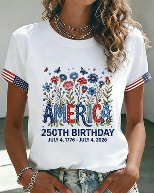 T-Shirt Ronde Hals Letter Kleurrijk Bloemen Afdruk
