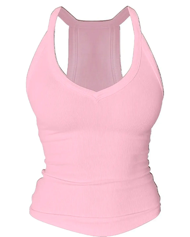 Cami Top Ingebouwde Bh V-Hals Geribbeld Spaghettibandjes