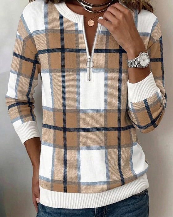 Sweatshirt Geruit Halfritsen Ronde Hals Pullover