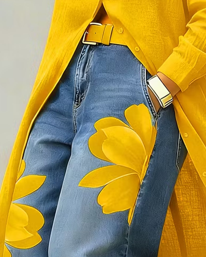 Bloemenprint Jeans Korte Wijde Pijpen