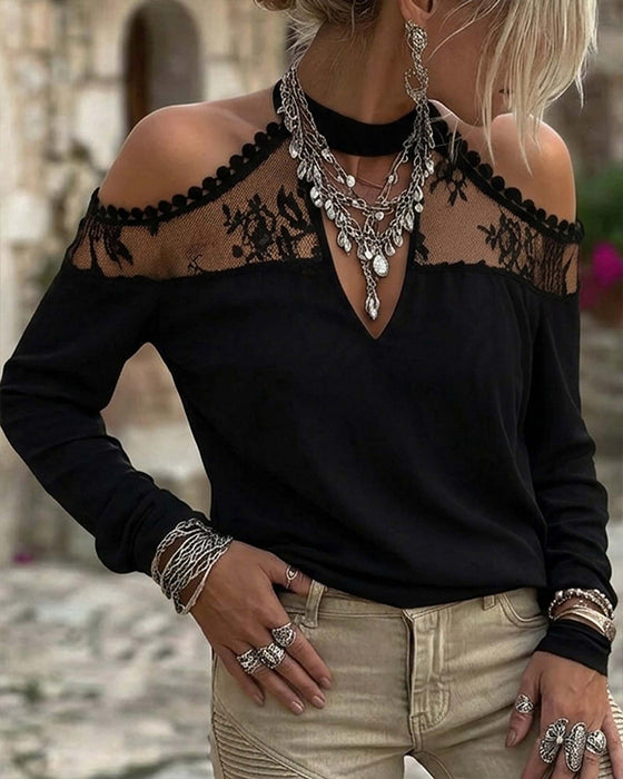 T-Shirt V-Hals Kant Patchwork Off-Shoulder