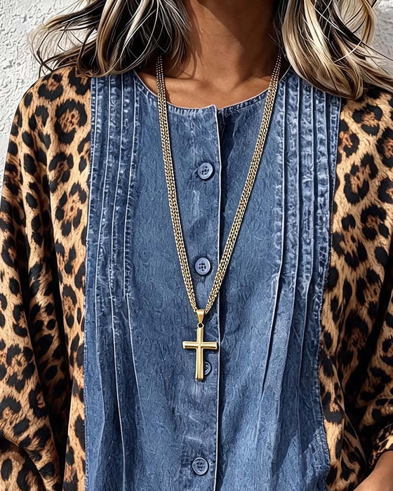 Blouse Ronde Hals Knoop Luipaard Denim Patchwork