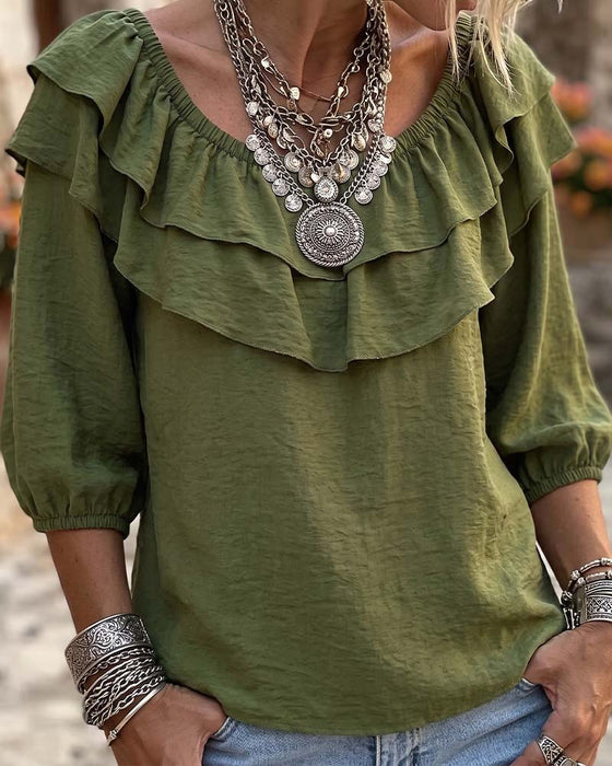 Blouse Dubbele Laag Ruffle Driekwart Mouw