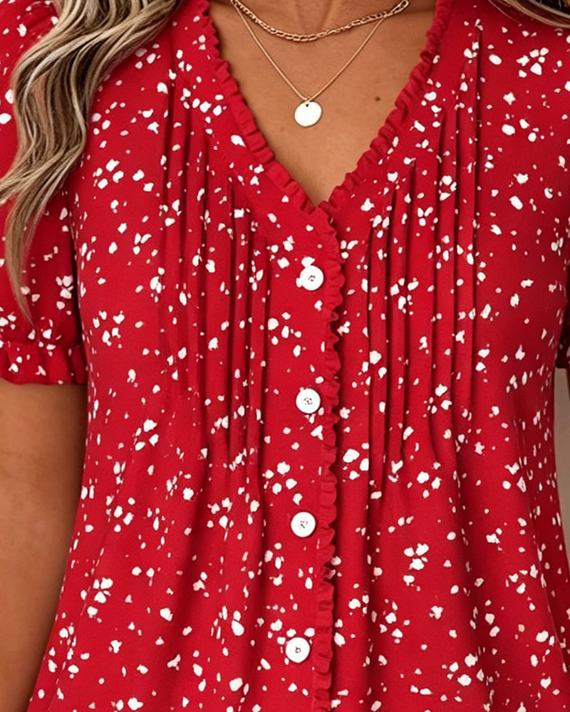 Blouse V-Hals Geplooid Kleine Bloemen
