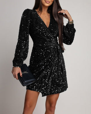 Jurk Modieus Glitter V-Hals Lantaarnmouwen