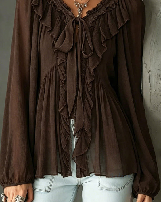Blouse Gerimpeld V-Hals Strikband