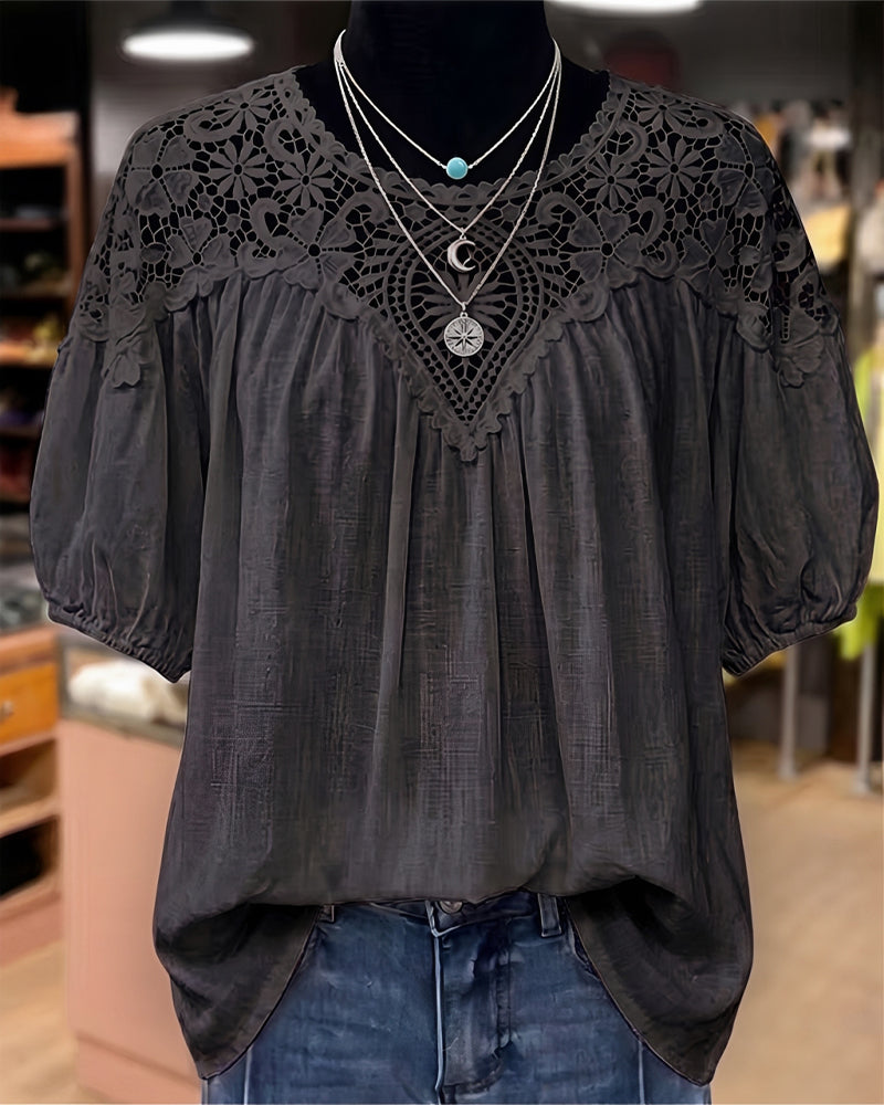 Blouse Pof Korte Mouw Kant Patchwork V-Hals