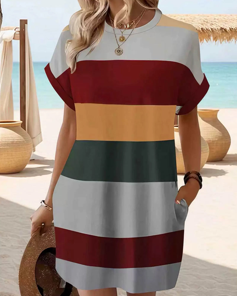 Jurk Ronde Hals Gestreept Print Korte Mouw Casual