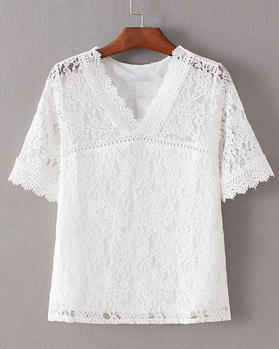 Effen Kleur Blouse Korte Mouwen Met Kant