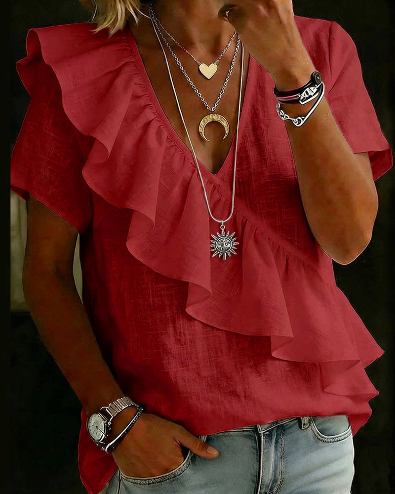 Blouse V-Hals Korte Mouw Ruches