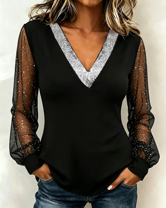 Blouse Stijlvol V-Hals Patchwork Lange Mouw