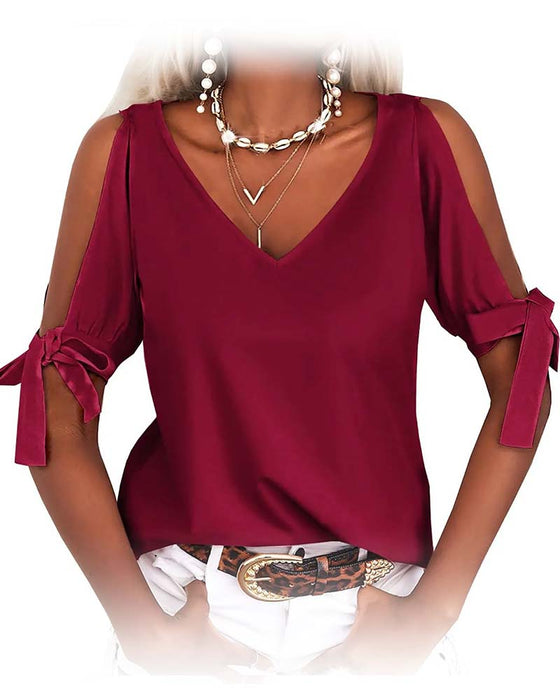 Blouse V-Hals Cold Shoulder Strik Effen
