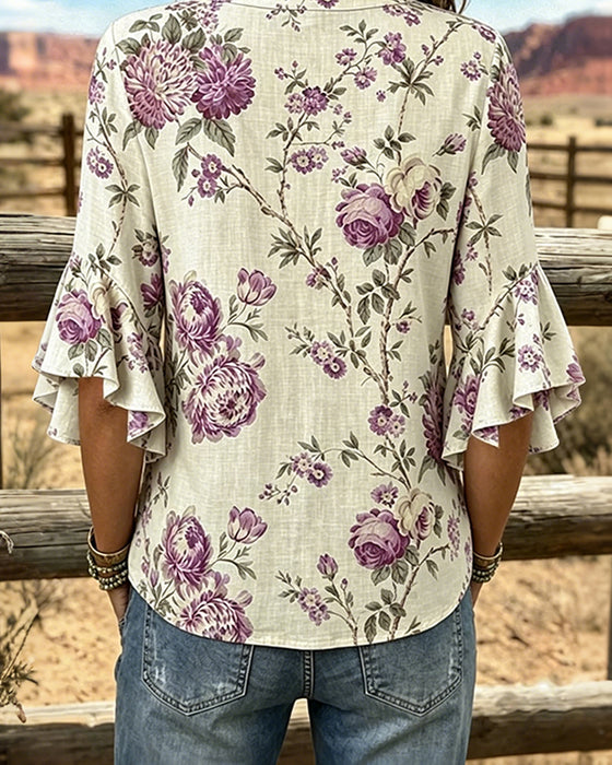 Jurk Retro Print V-Hals Ingesnoerde Taille Lang