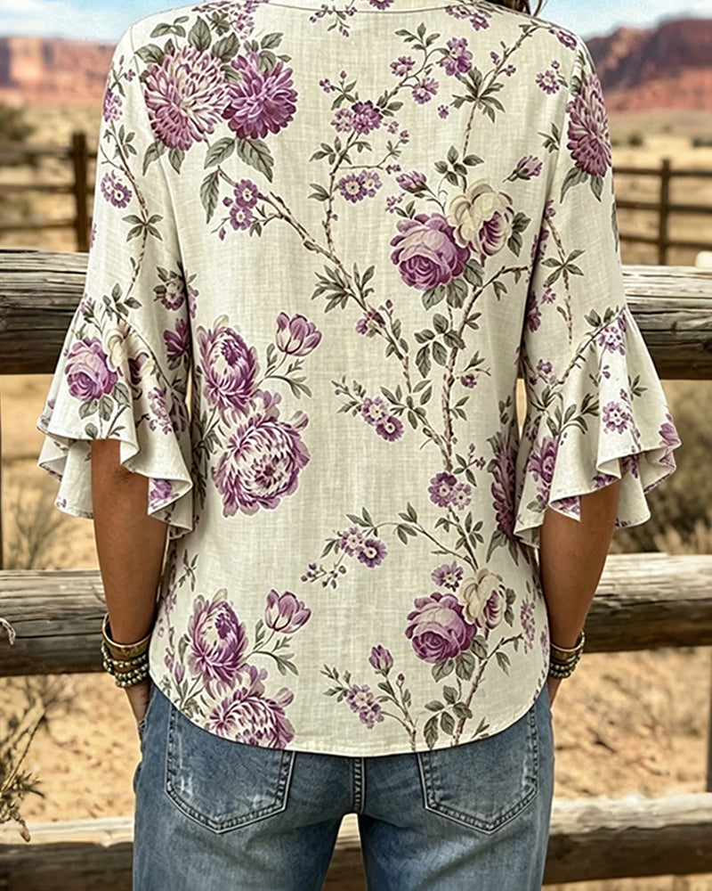 Jurk Retro Print V-Hals Ingesnoerde Taille Lang