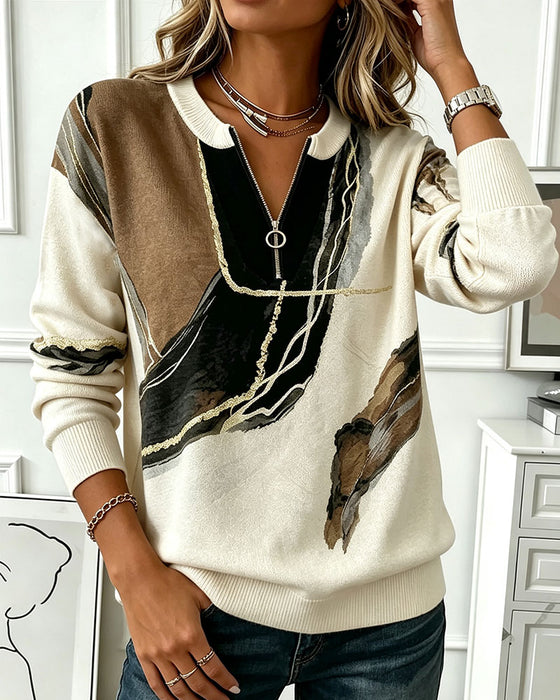 Sweatshirt Ronde Hals Bedrukt Half-Zip