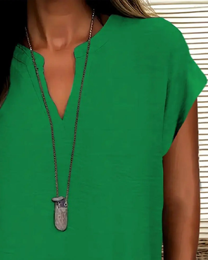 Blouse Casual Drop Schouder V-Hals Korte Mouw