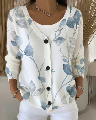 Pullover V-Hals Knoop Blad Print
