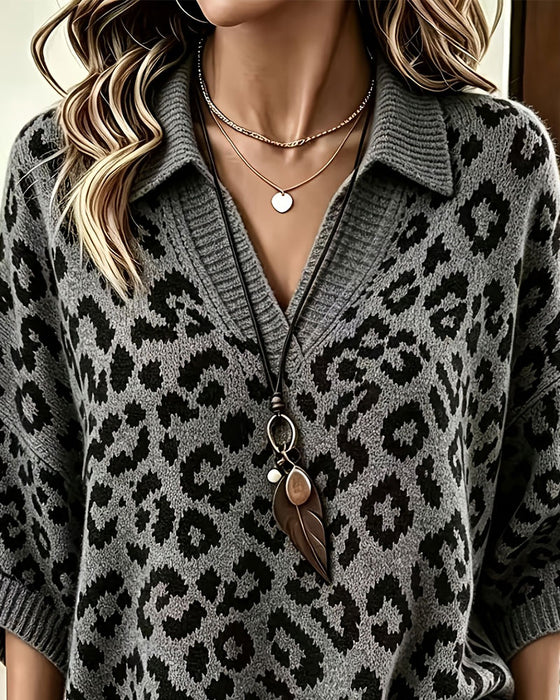 Pullover Met Kraag V-Hals Luipaardprint Half Mouw Trui