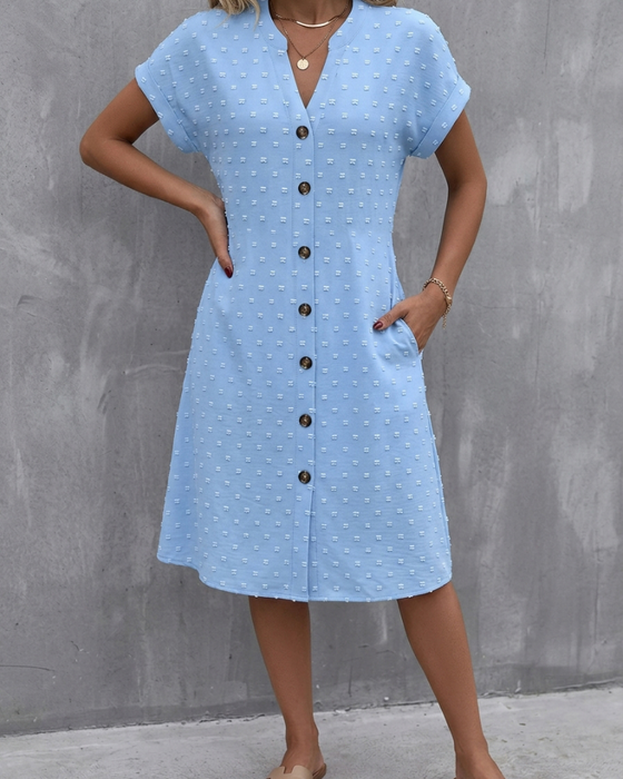 Jurk Jacquard V-Hals Knoopsluiting Voorzijde Midi Overhemd