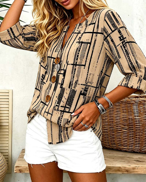 Blouse V-Hals Knoopsluiting Gestreept