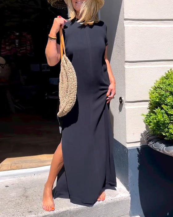 Elegante jurk met korte mouwen in effen kleur