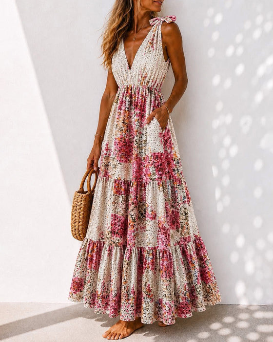 Jurk Bloemen Strik V-Hals Gelaagd