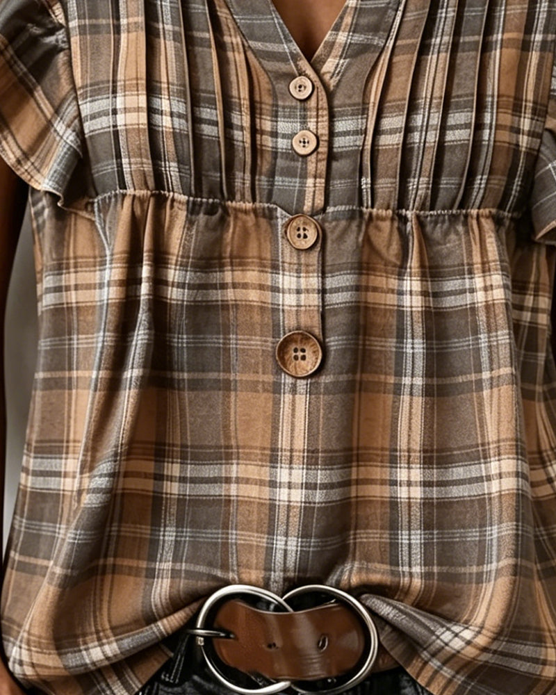 Blouse Bruin Gingham Flutter Mouw