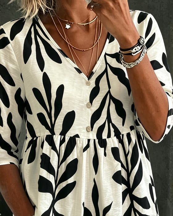 Blouse V-Hals Los Afdruk Korte Mouw
