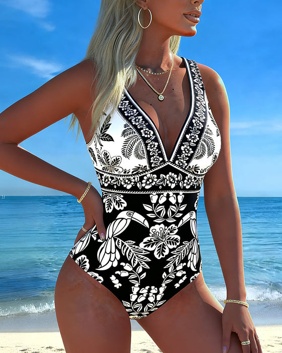 Een-Delig Tropisch Bloem En Vogel