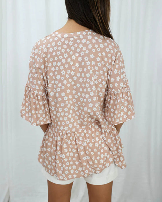 Bloemenblouse met V-hals en klokmouwen