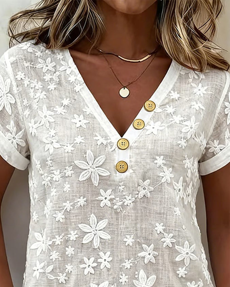 Blouse Effen 3d Bloemen V-Hals