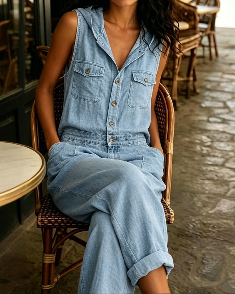 Jumpsuit Van Gewassen Denim Mouwloos Met Capuchon