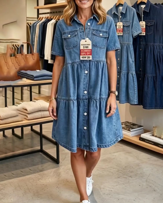 Jurk Denim Ruffle Gelaagd Korte Mouw