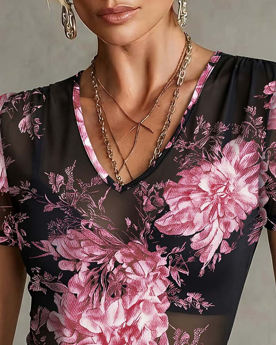 T-Shirt Met V-Hals En Bloemenprint Korte Mouw
