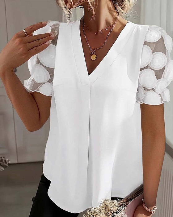 Blouse Pofmouw Mesh V-Hals