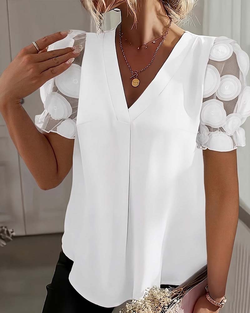 Blouse Pofmouw Mesh V-Hals