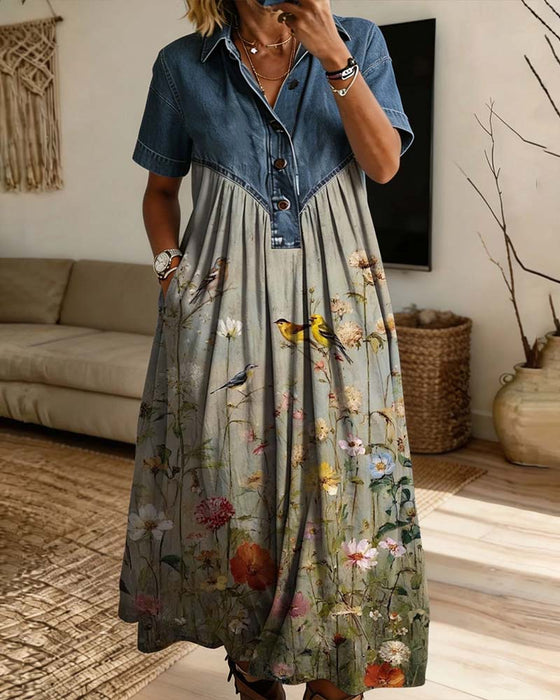 Jurk Overhemdkraag Bloemig Denim Patchwork
