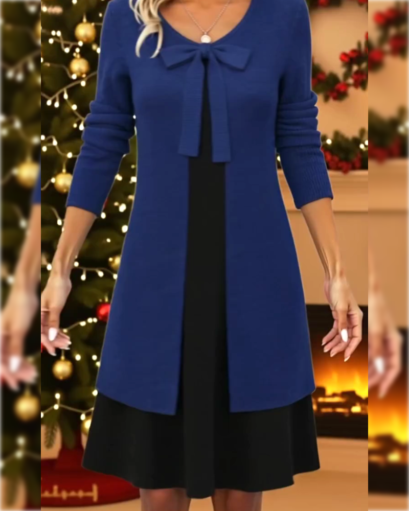 Jurk Faux Twee-Delige Strik Langmouwen