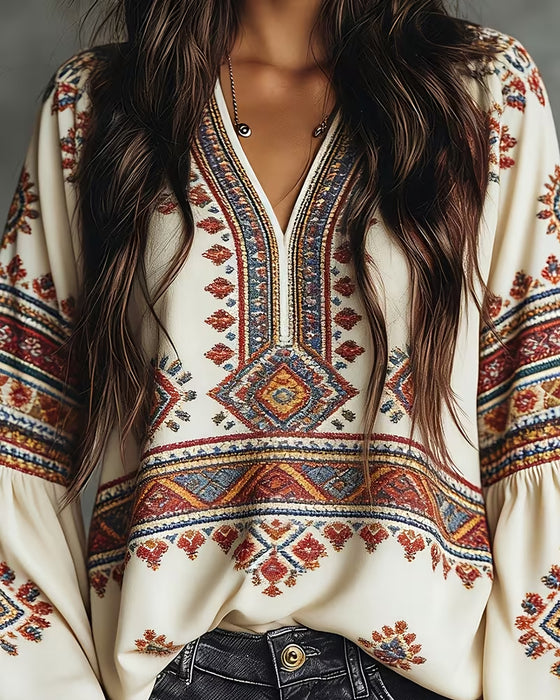 Blouse Etnisch Geometrisch Print Lantaarn Mouw