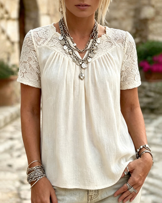 T-Shirt V-Hals Kant Patchwork Korte Mouw