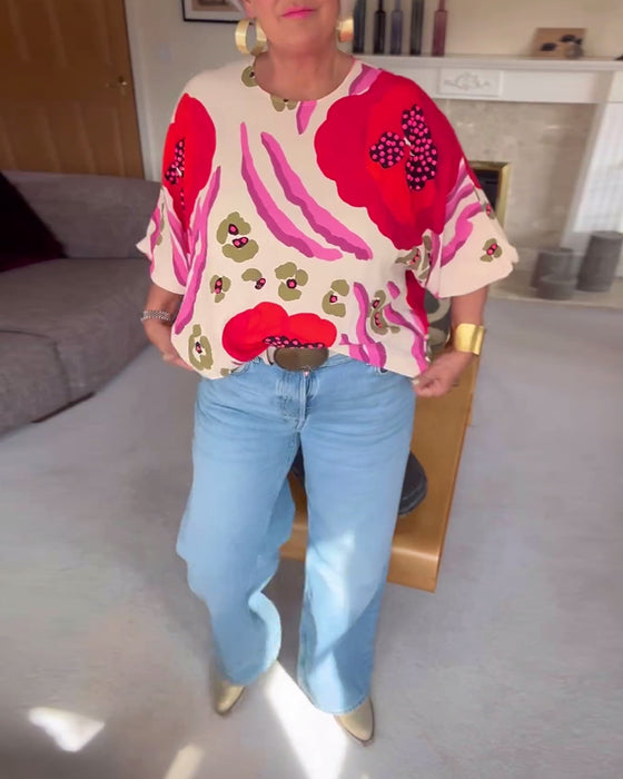 Casual top met ronde hals, print en halve mouwen