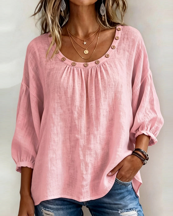 Blouse Ronde Hals Knoop Los