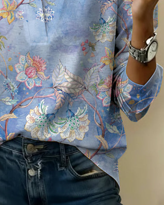 Blouse Opstaande Kraag Lange Mouw Bloemen