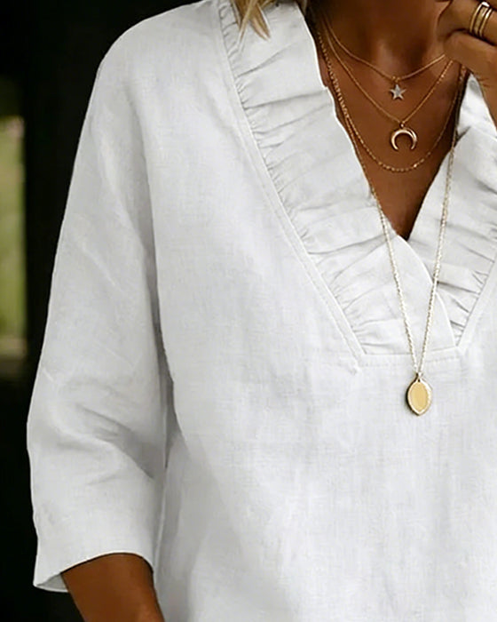 Blouse 100% Katoen Frons V-hals Driekwart Mouw